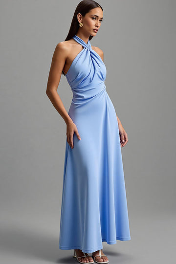 Blue Halter Backless A-Line Formal Dress